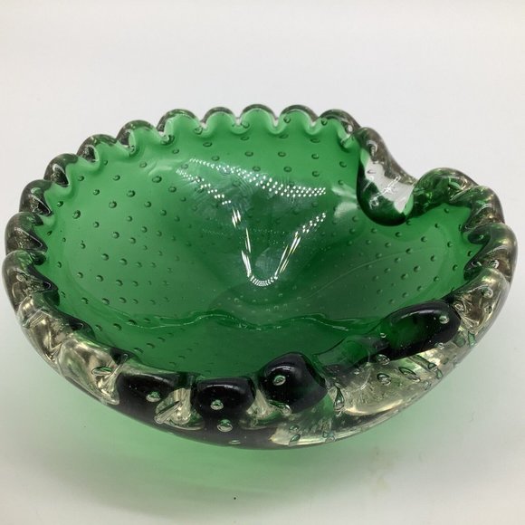 Murano MCM Handblown Bullicante Emerald Green Glass Ashtray/Bowl - Picture 7 of 12